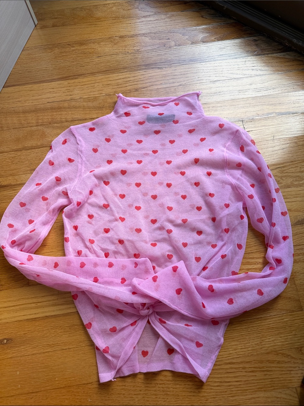 Zara Pink Heart Print Sheer Mock Neck Top